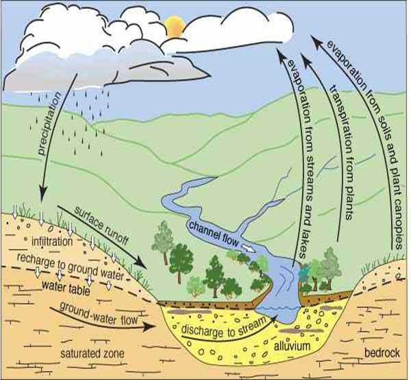 Water falls to ground as precipitation, moves through and over the ground to streams and lakes, evaporates back into air